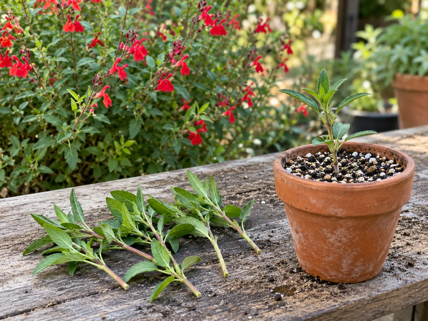 Autumn sage softwood cuttings beside a newly potted cutting in gritty propagation mix