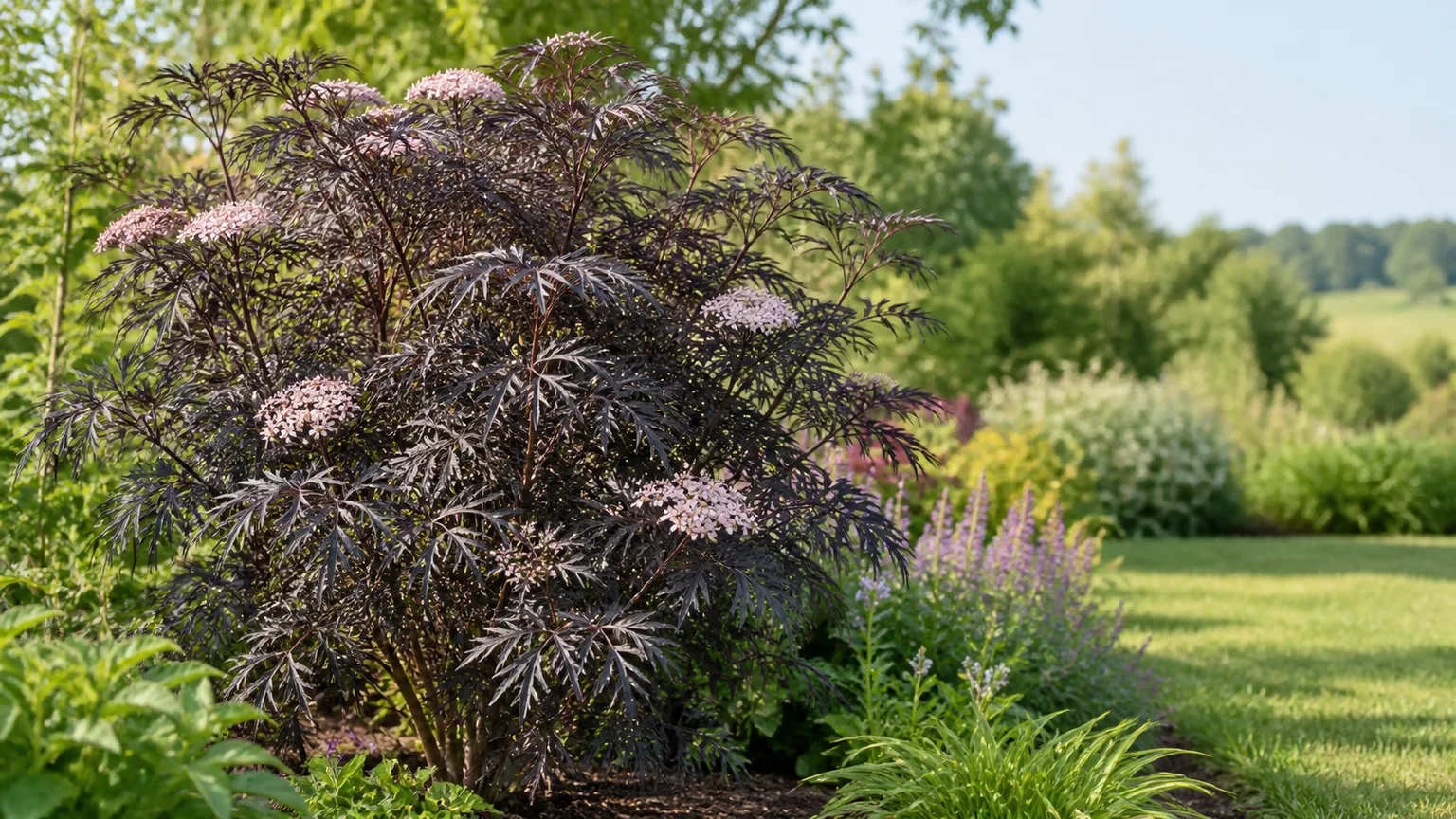 Black Lace elderberry with dark, deeply cut leaves and pale flowers, grown as an ornamental shrub