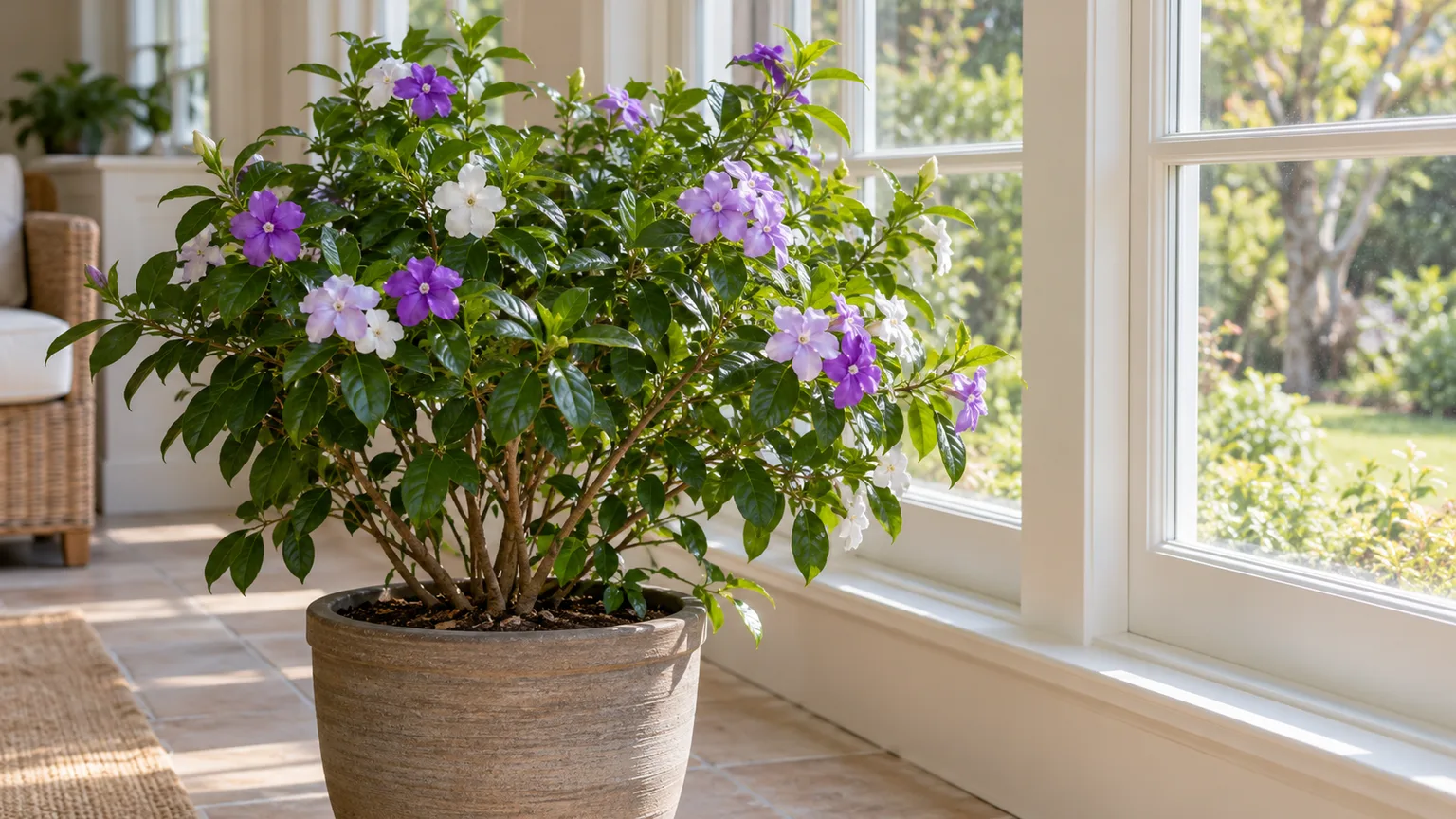 A potted Brunfelsia pauciflora shrub overwintering in a bright indoor spot by a window