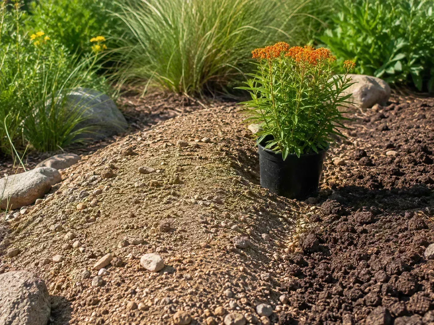 A raised, gravelly planting mound that keeps a plant crown above wet soil