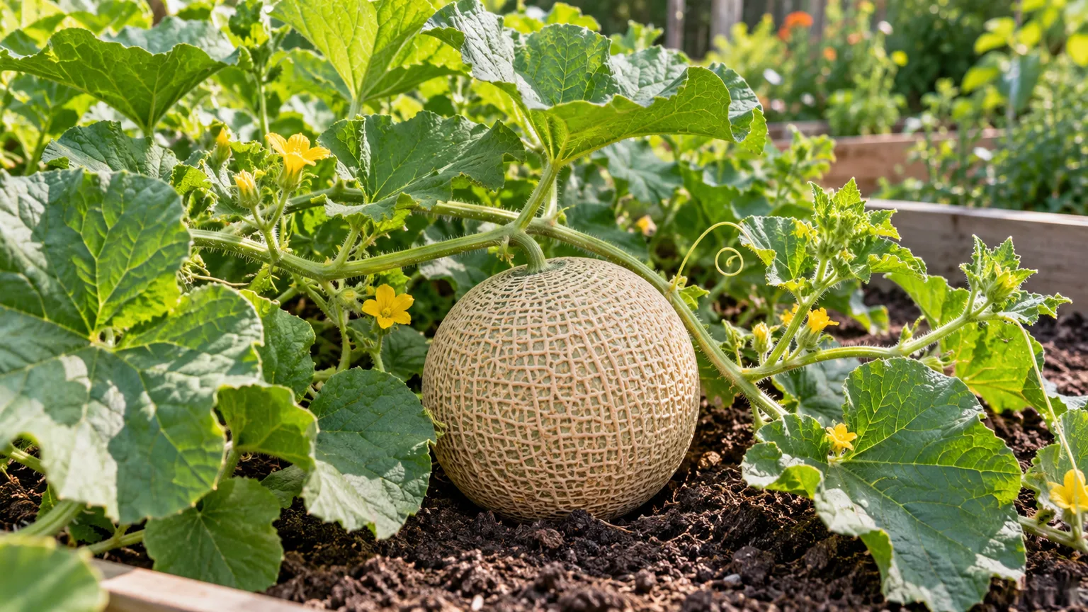 A ripe netted cantaloupe resting among healthy green vines in a sunny garden