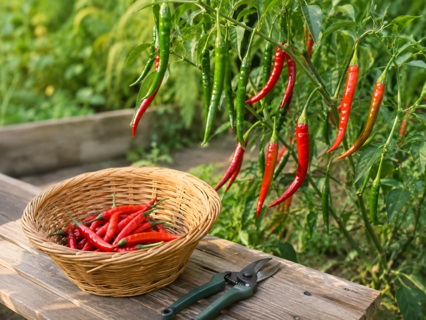 Ripe red cayenne peppers hanging on a productive garden plant