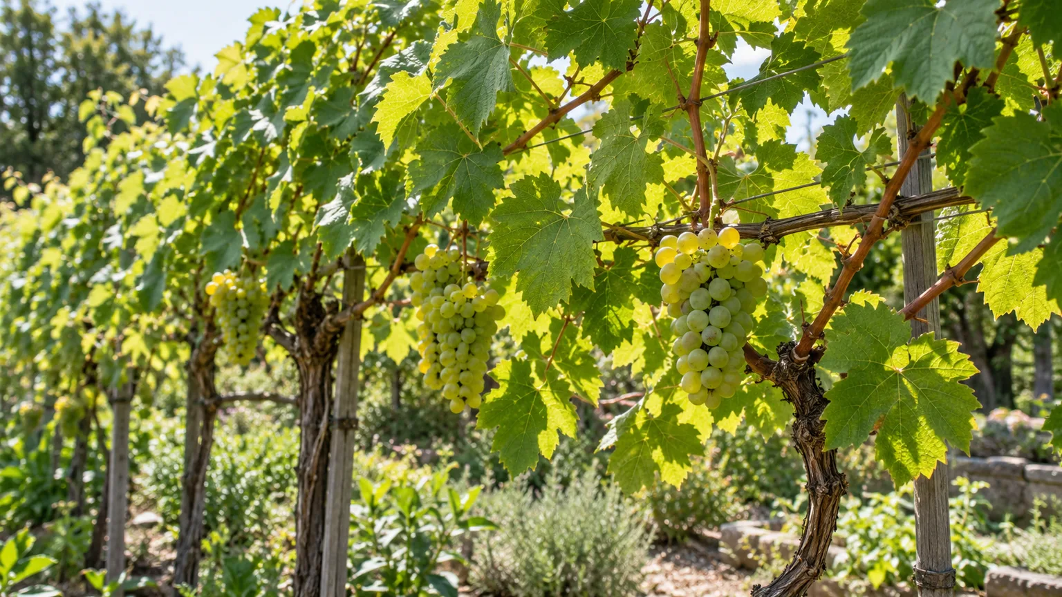 Healthy grape vine canopy with open spacing and sunlit clusters