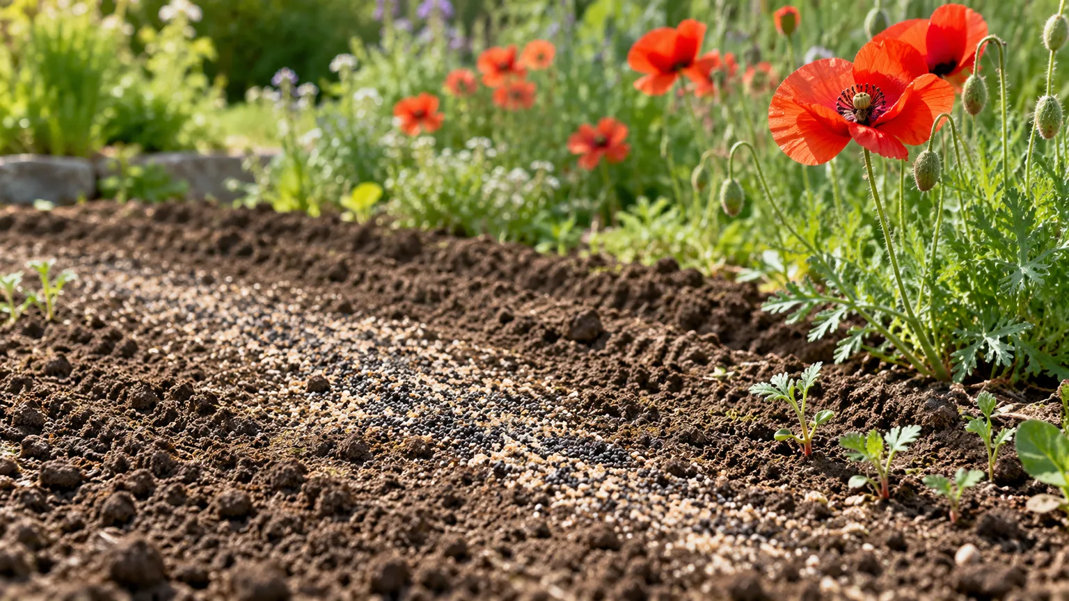 Fine seed scattered across a prepared outdoor bed beside young common poppy seedlings