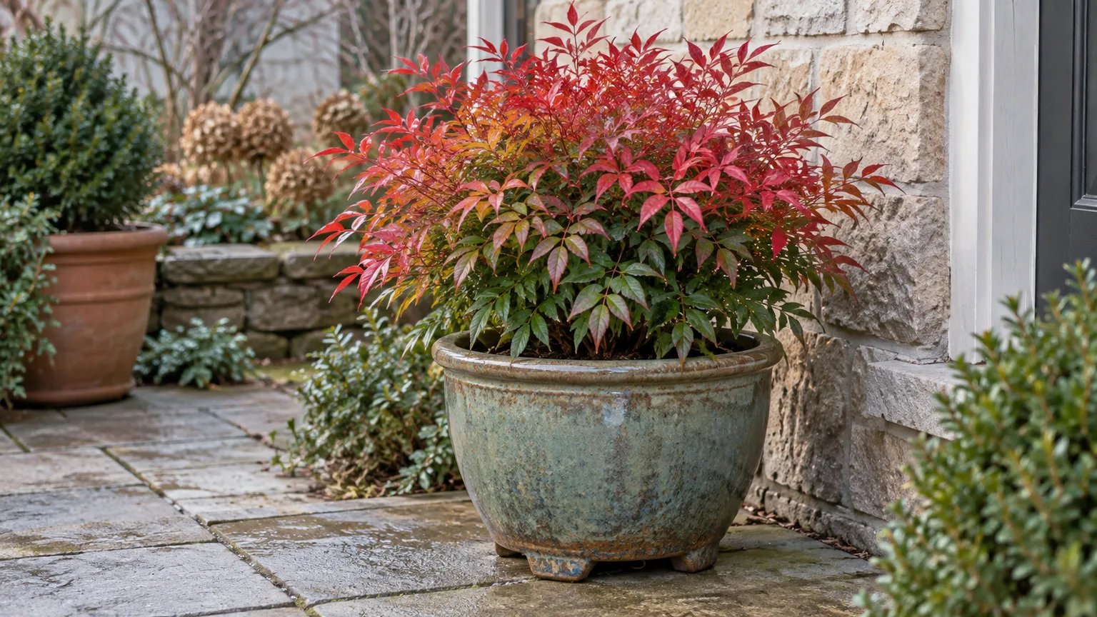 Firepower Nandina growing in a drained outdoor planter on a sheltered patio