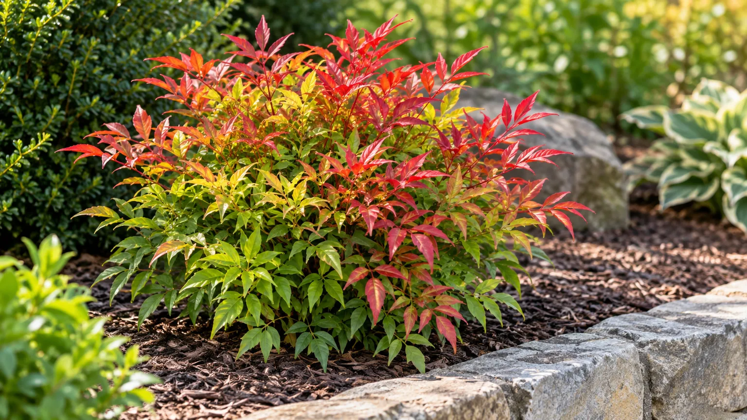 Firepower Nandina with a compact mound of green leaves shifting to red in a sunny garden
