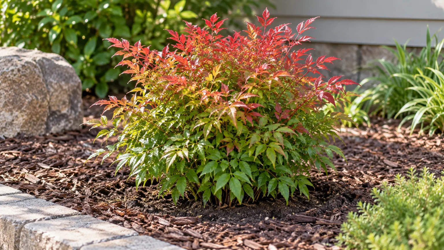 Firepower Nandina planted in a bright outdoor bed with mulch kept clear of its stems