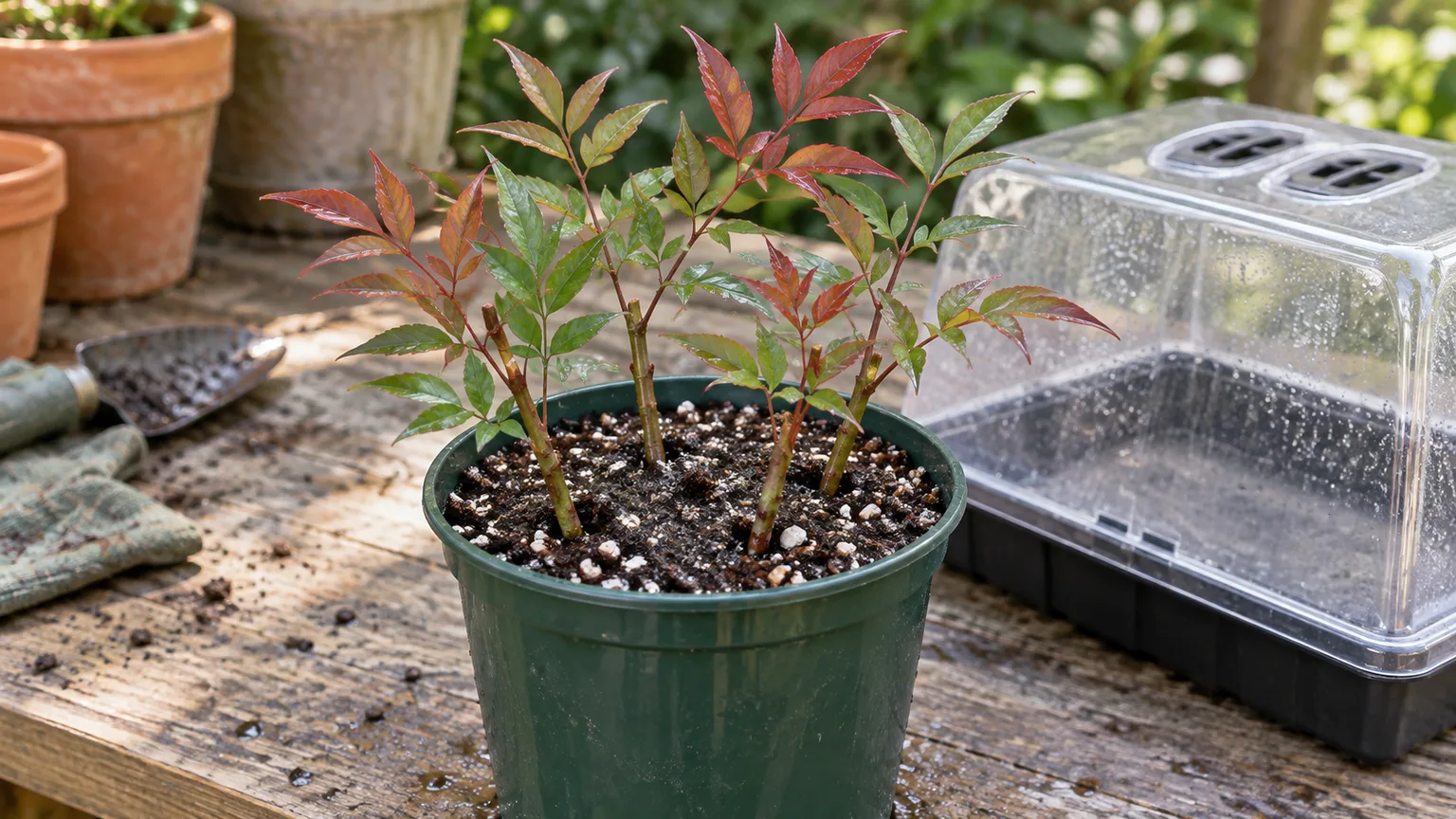 Semi-hardwood Firepower Nandina cuttings in airy propagation mix under a clear humidity cover