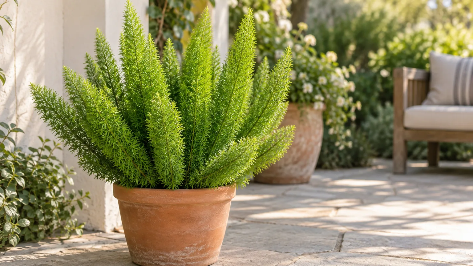 Foxtail fern with upright bottlebrush plumes in a terracotta patio pot