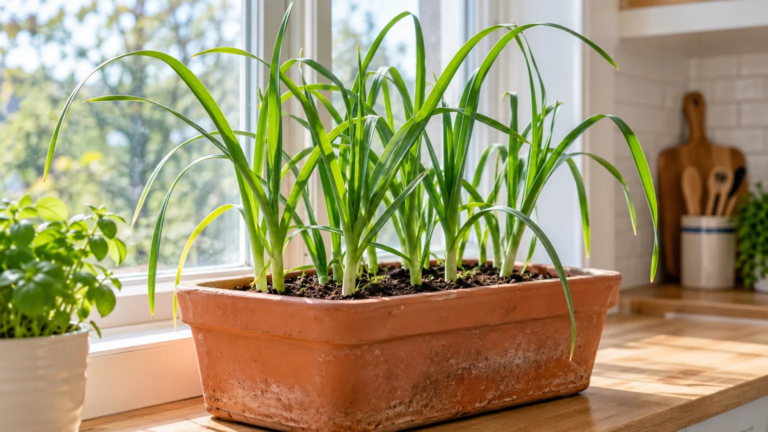 Healthy garlic greens growing in a terracotta container on a bright indoor windowsill