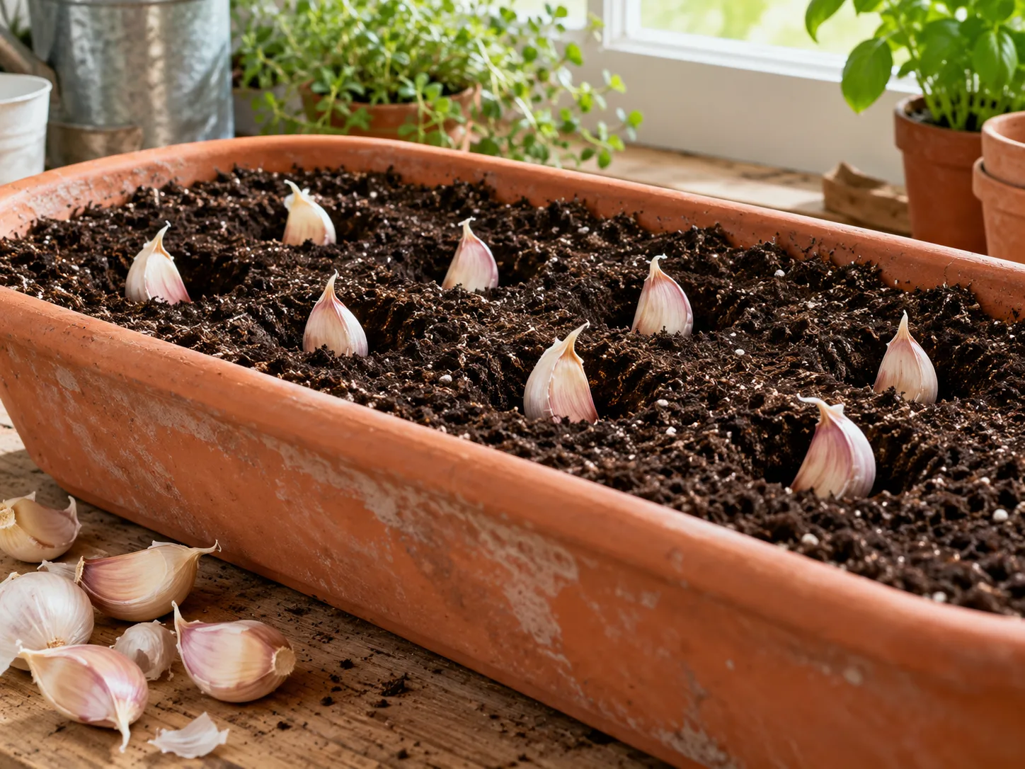 Garlic cloves planted point-up in a wide indoor container of loose potting mix