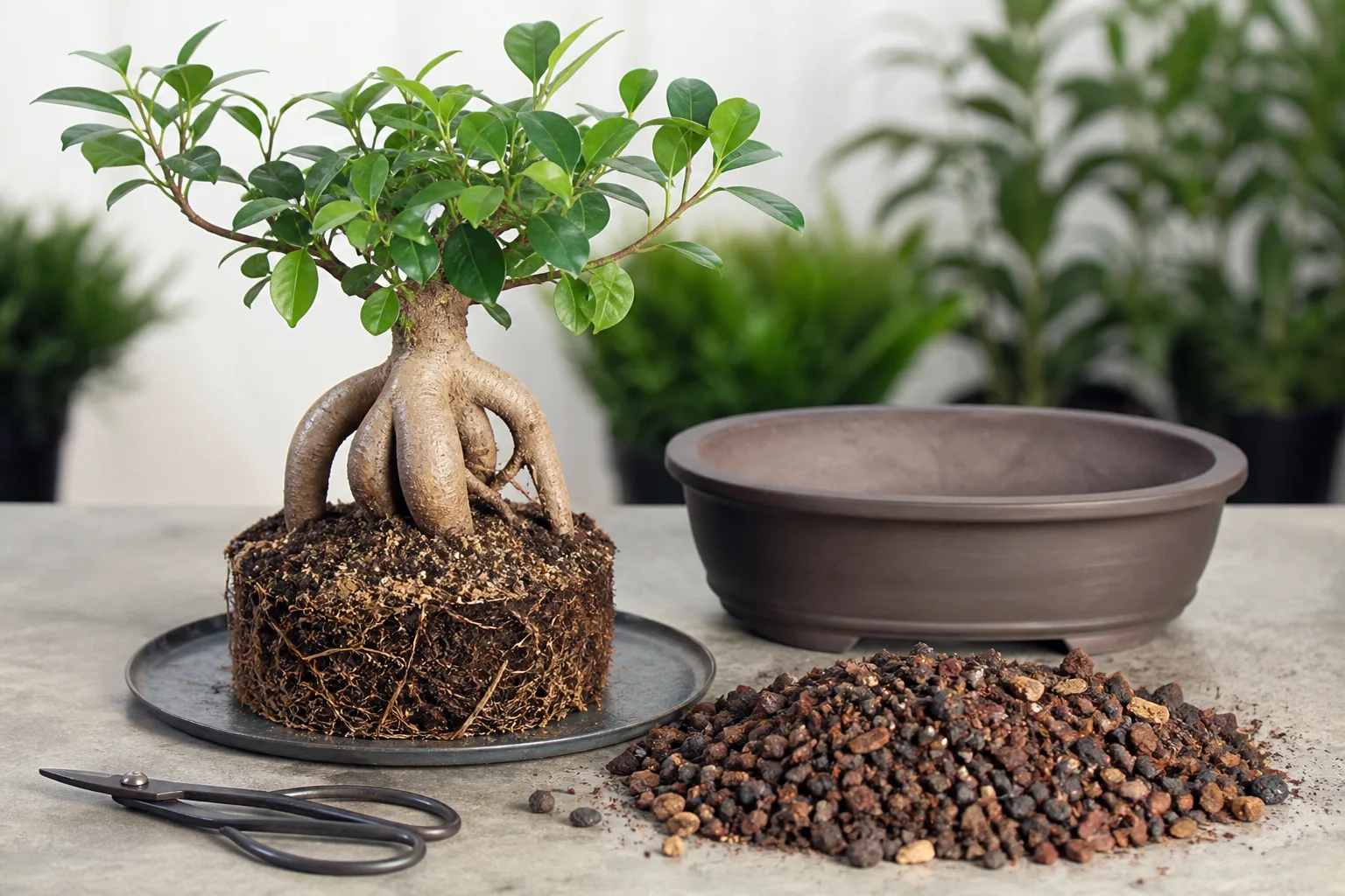Repotting a ficus tree into fresh well-draining potting mix