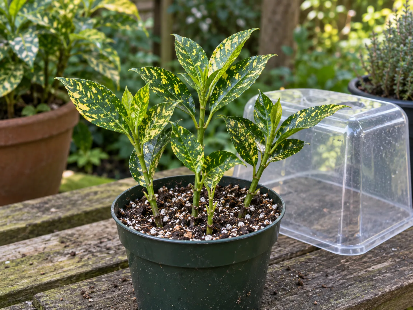 Gold-speckled Aucuba stem cuttings inserted into airy propagation mix beneath a clear humidity cover