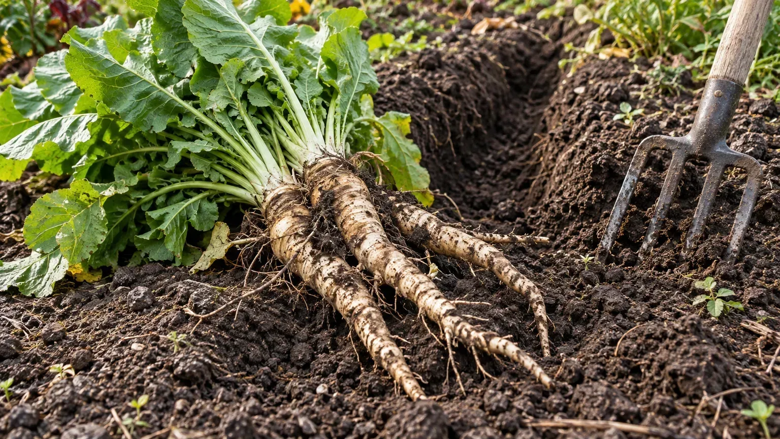 Freshly lifted horseradish crown and branching roots beside a garden trench at fall harvest
