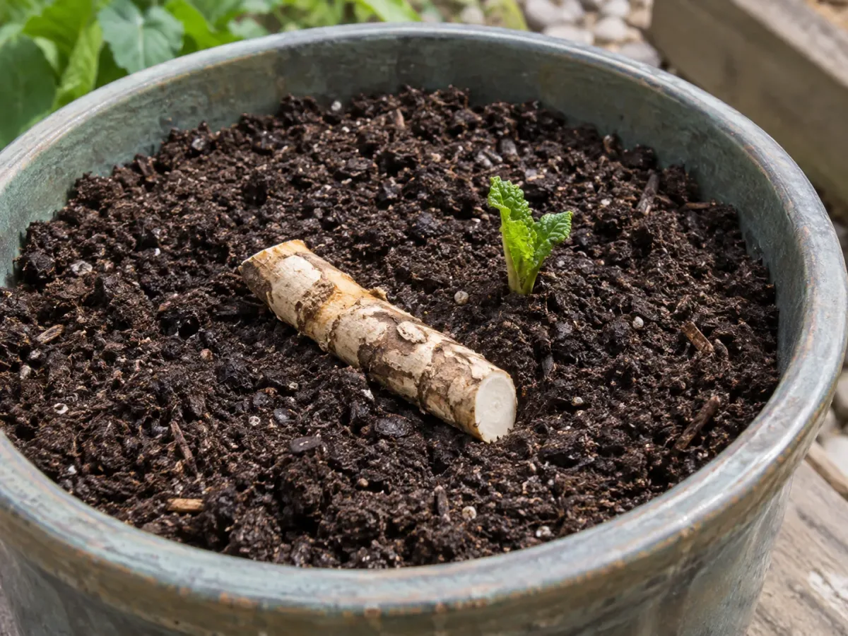 Firm horseradish root set resting in loose potting mix in a deep container, with a new shoot emerging