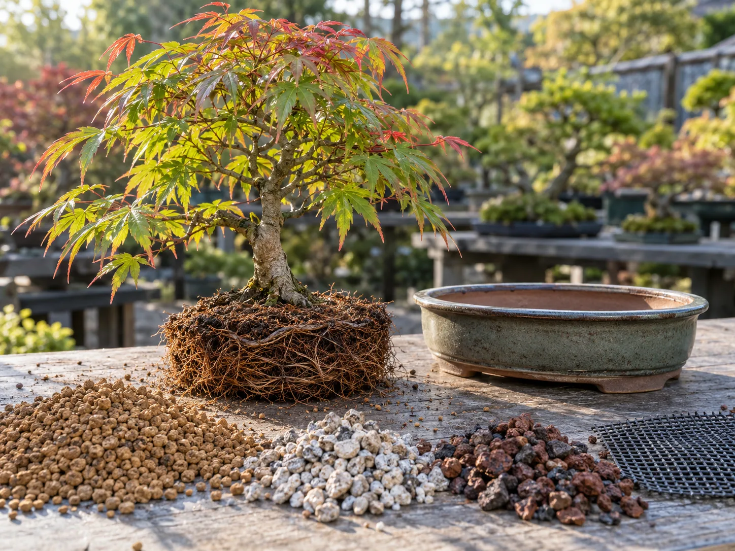 Japanese maple bonsai rootball beside a shallow pot and granular substrate during repotting