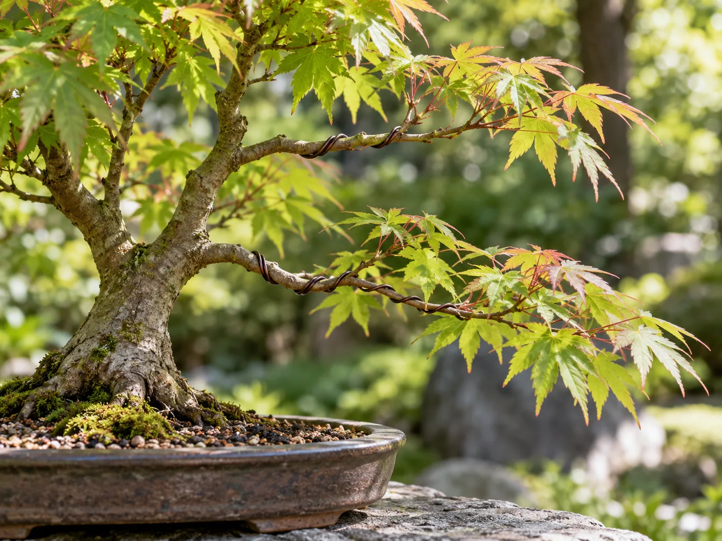 Carefully wired young branches on a Japanese maple bonsai in a shallow pot