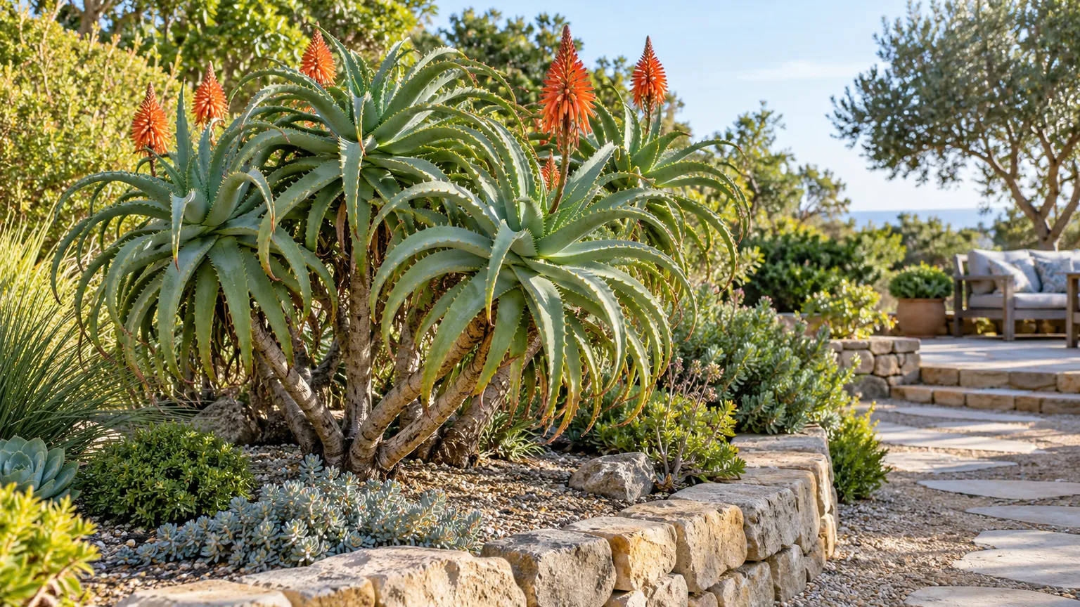 Mature Krantz aloe placed in a sunny, gravelly bed away from the garden path