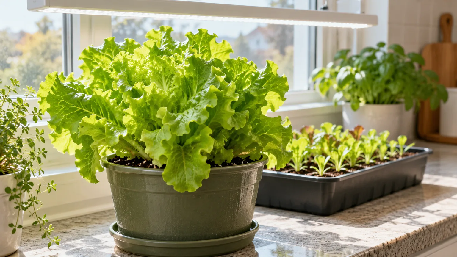 Leaf lettuce and seedlings growing in pots beneath an LED light on an indoor windowsill