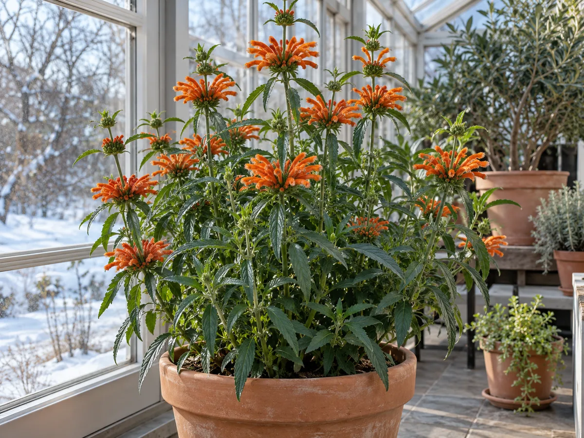 Container-grown lion's tail overwintering in a bright, cool, frost-free greenhouse