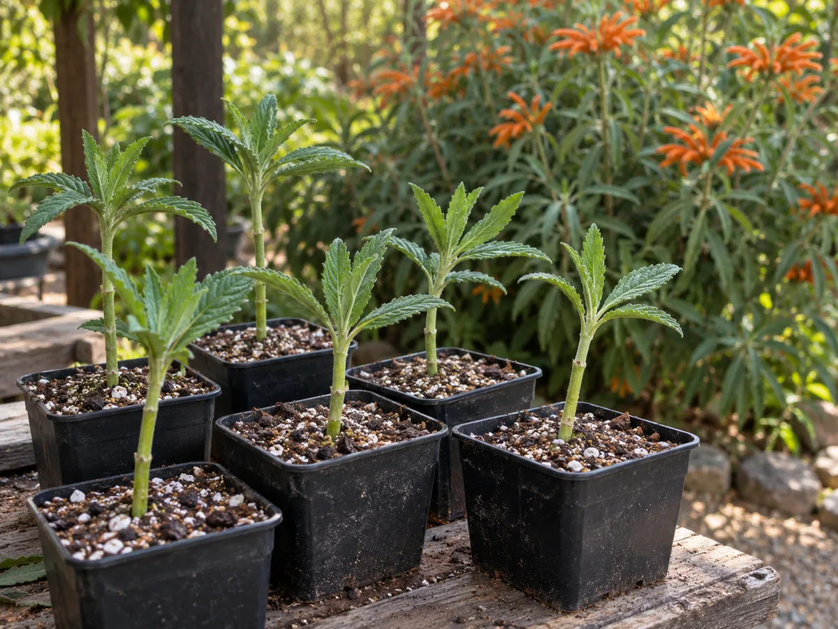 Lion's tail stem cuttings rooting in airy propagation mix on a shaded potting bench