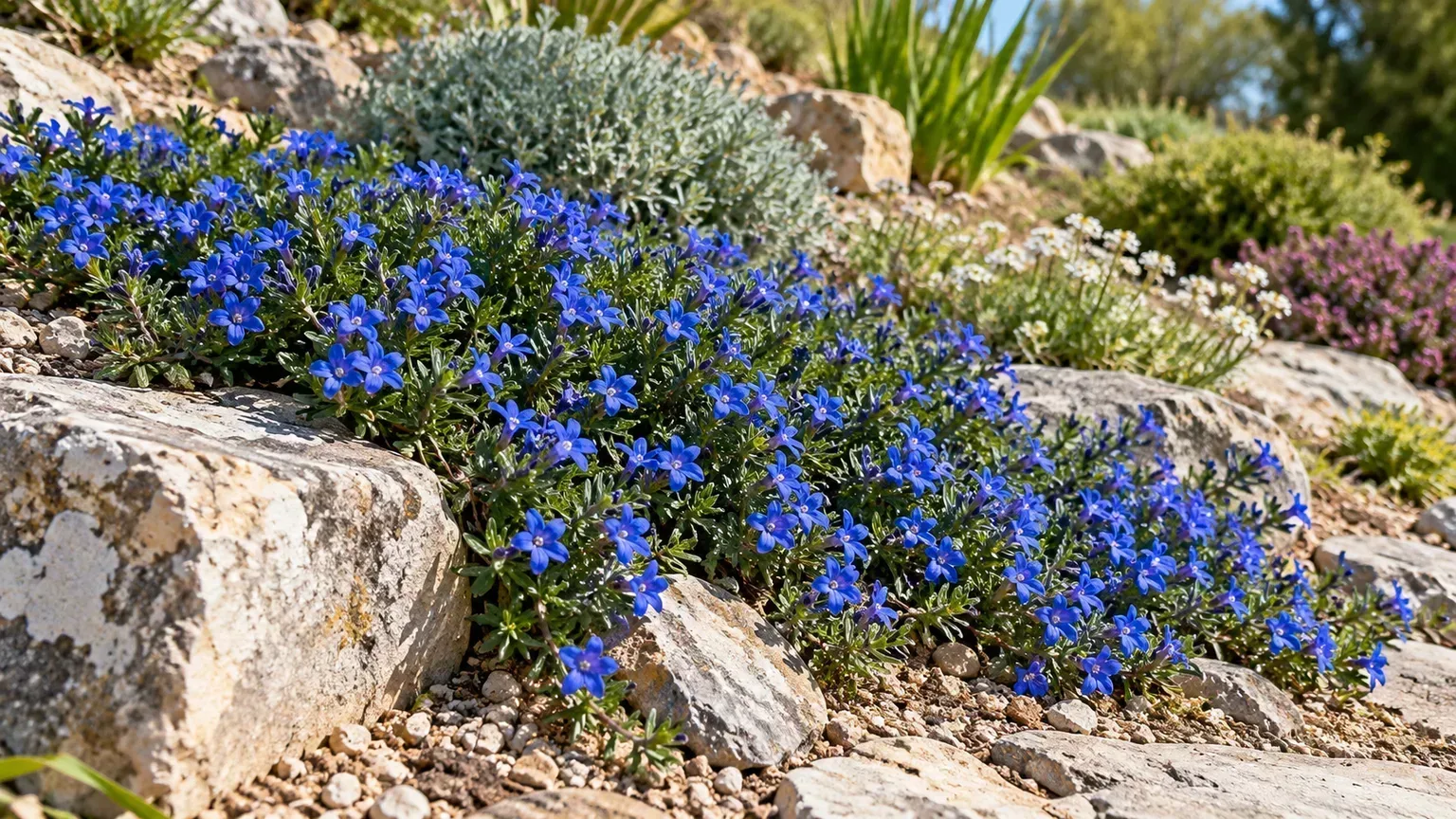 Lithodora forms a low blue-flowered mat along a sunny, free-draining rock garden edge.