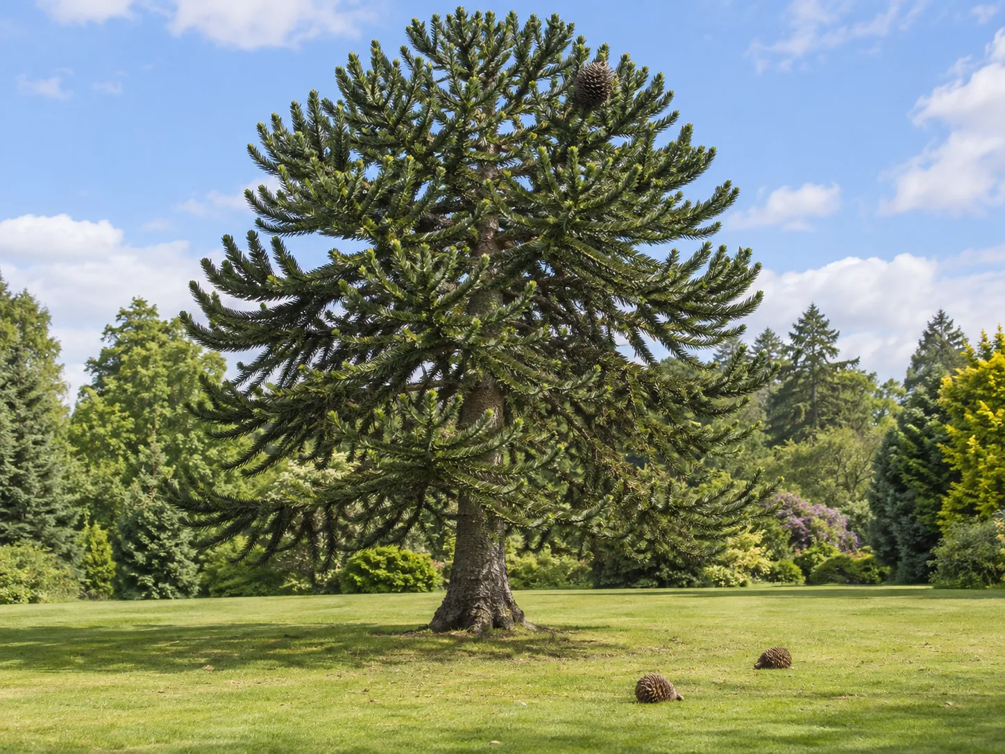 Mature monkey puzzle tree with a large cone and fallen cones on an open lawn