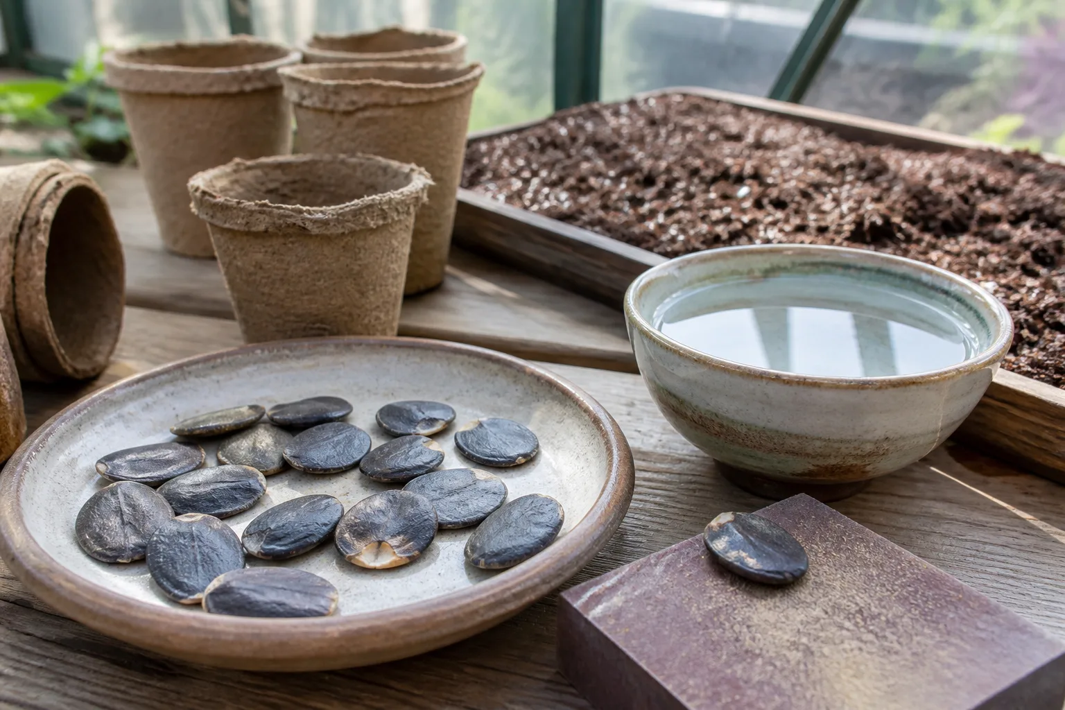 Large moonflower seeds nicked for scarification beside a bowl of warm soaking water on a potting bench