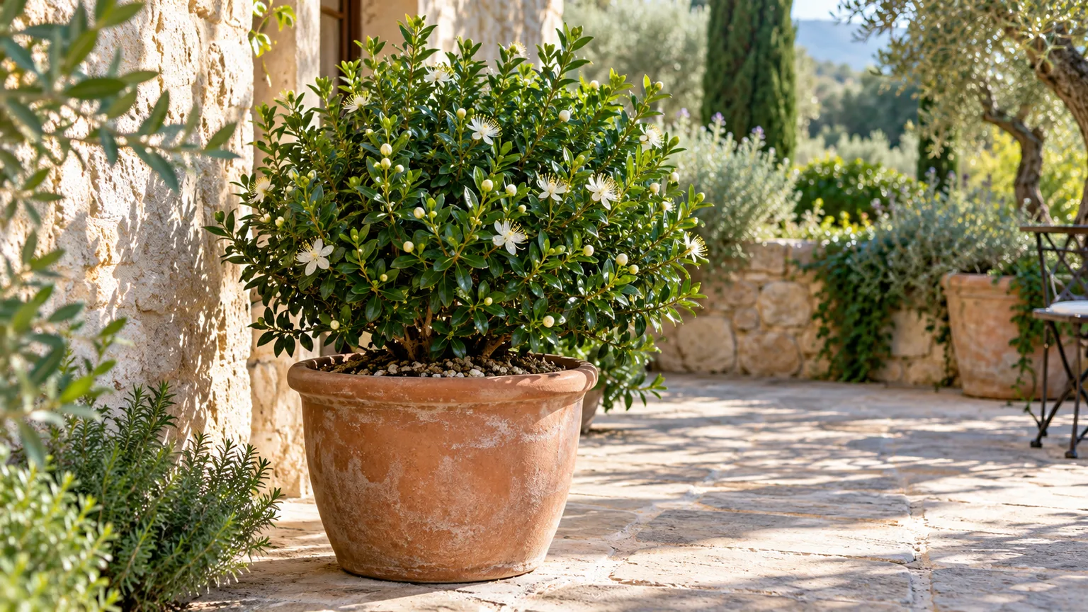 Common myrtle growing as a flowering container shrub on a sheltered sunny patio