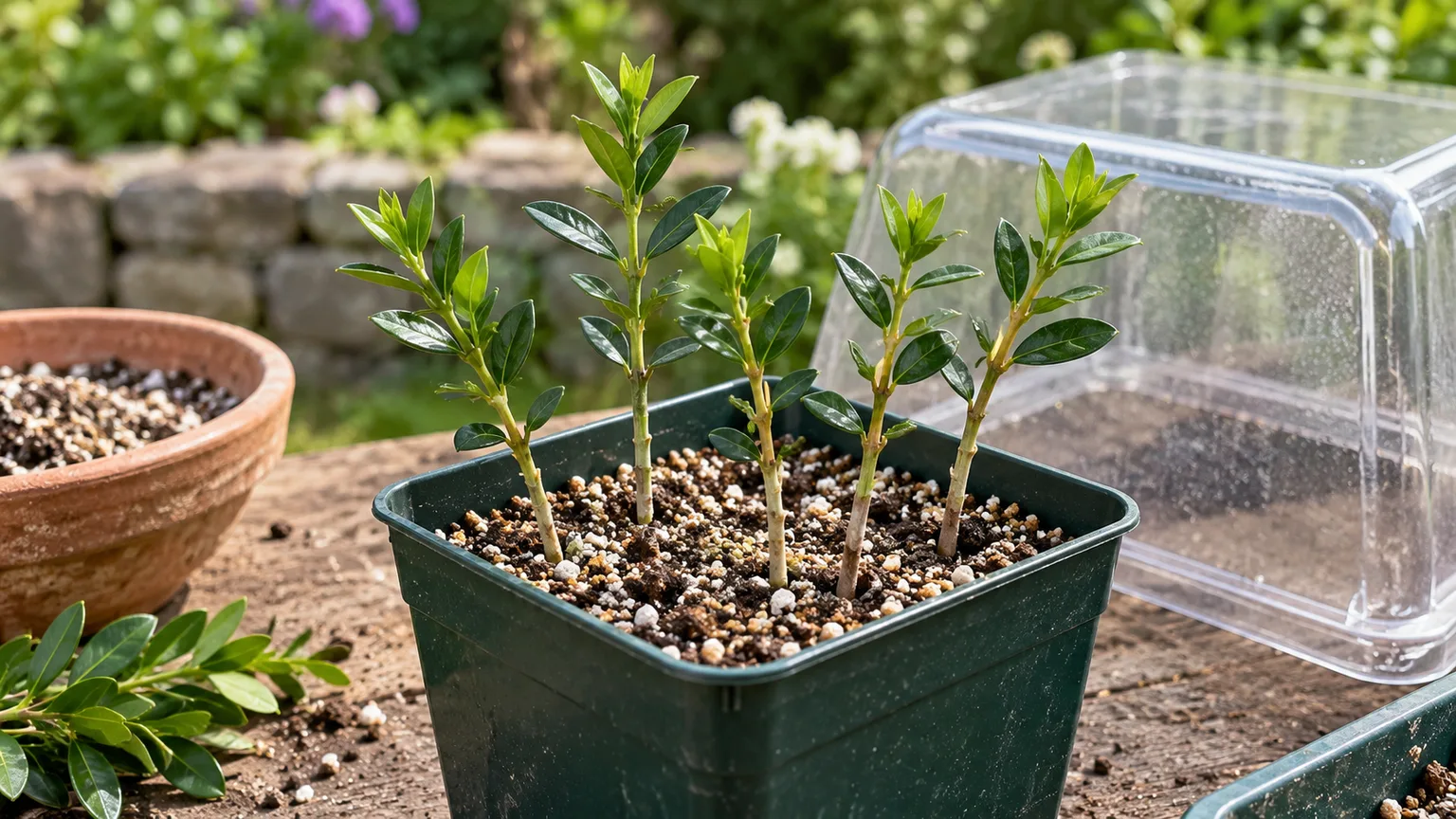 Semi-ripe common myrtle cuttings in a free-draining propagation mix under a ventilated cover