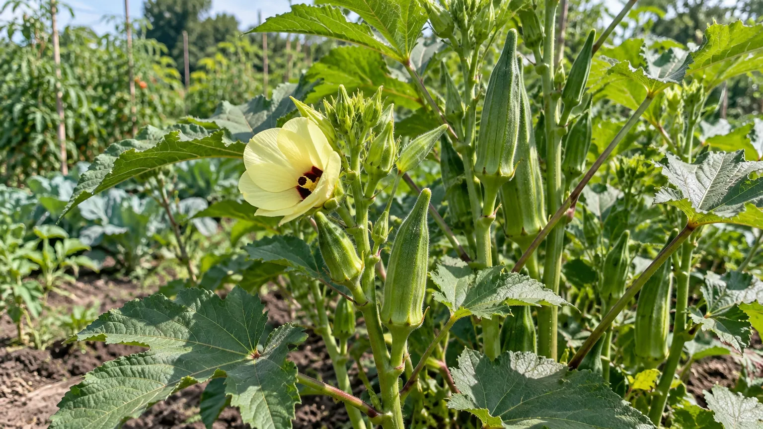 Healthy okra plant with flowers and tender green pods at harvest size