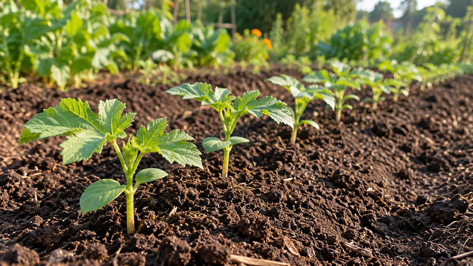 Young okra seedlings growing in a sunny, well-spaced garden row