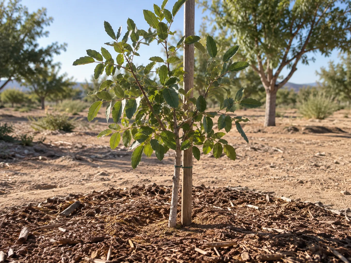 A newly planted young tree with a broad mulched root zone shows the scale of an outdoor planting setup.