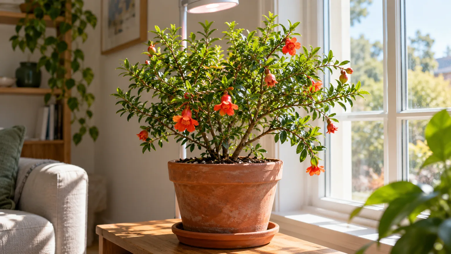 Potted pomegranate flowering beside a sunny window