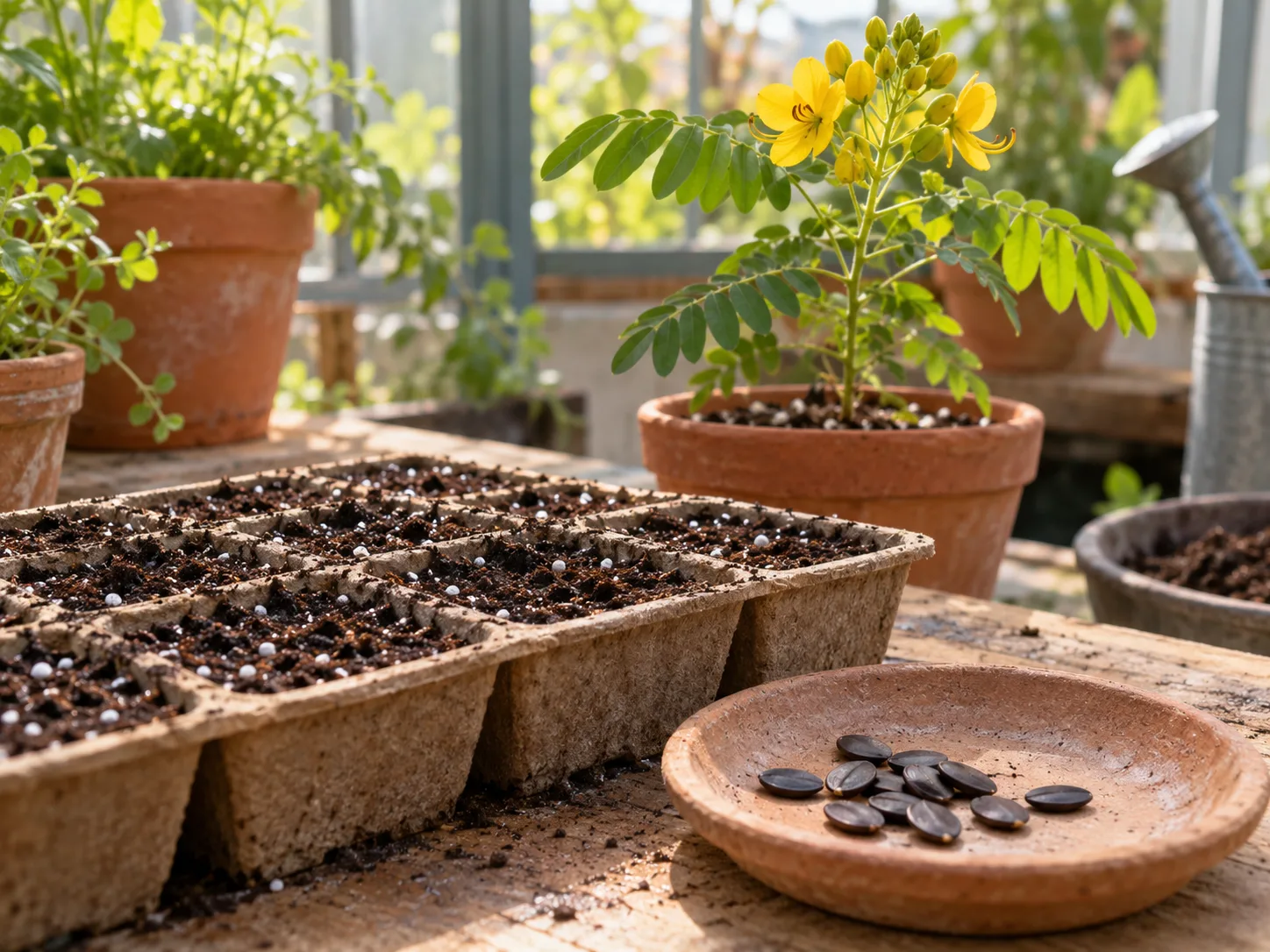 Popcorn cassia seeds and a seedling beside a tray of moist seed-starting mix.