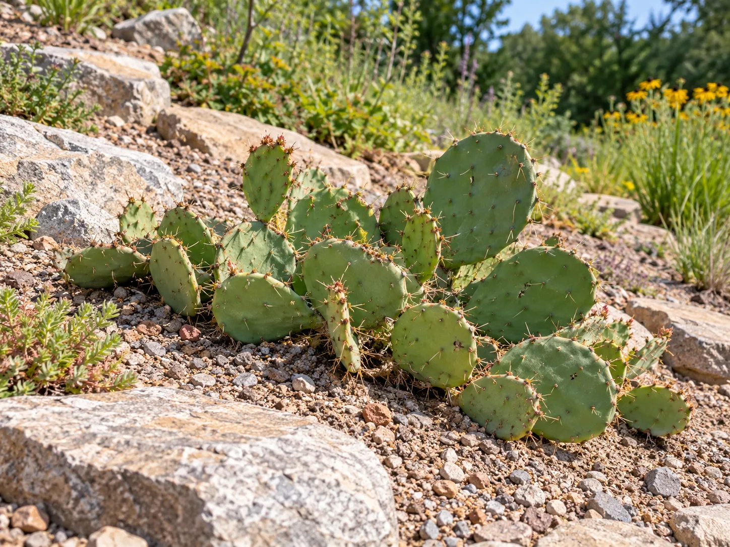 Eastern prickly pear cactus growing in well-drained gravelly soil on a sunny slope