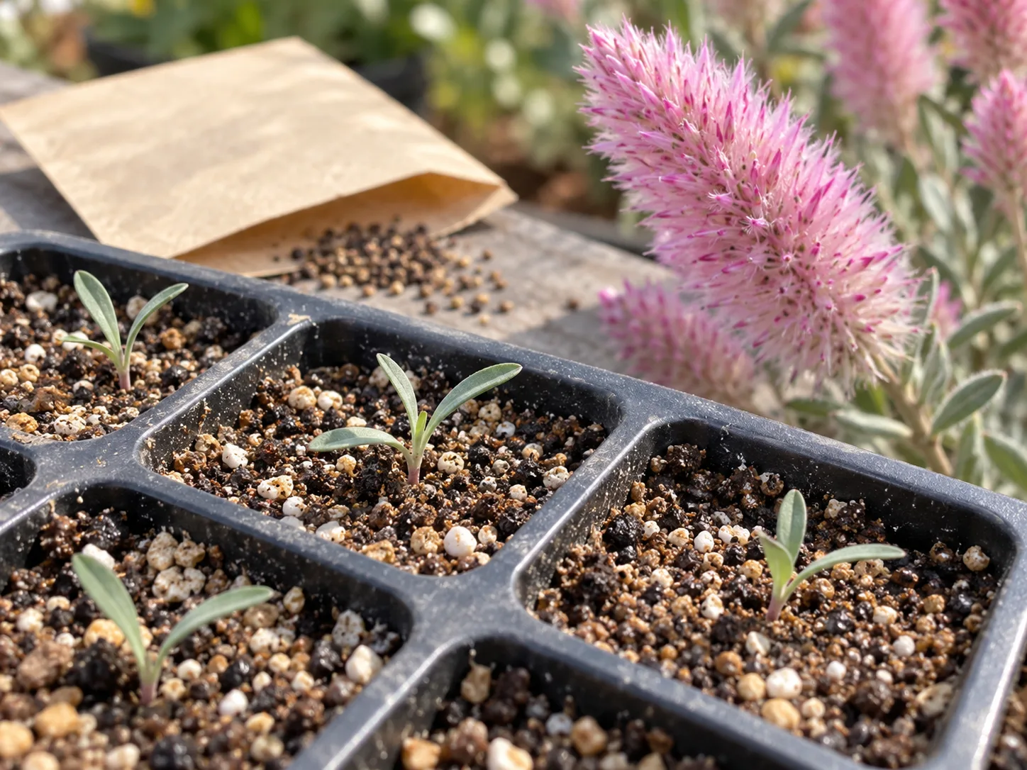 Ptilotus seedlings in a clean tray of free-draining seed-starting mix