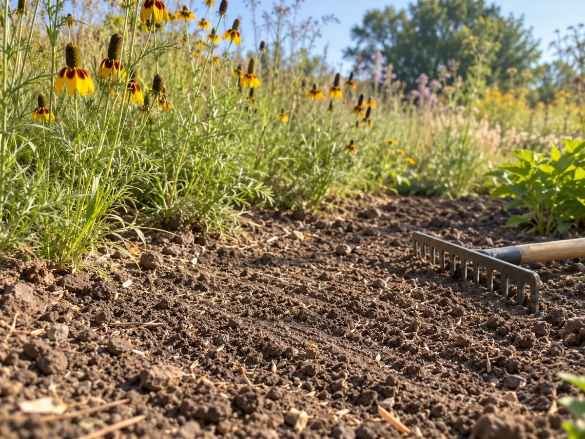 A shallowly prepared outdoor seedbed beside prairie coneflower plants