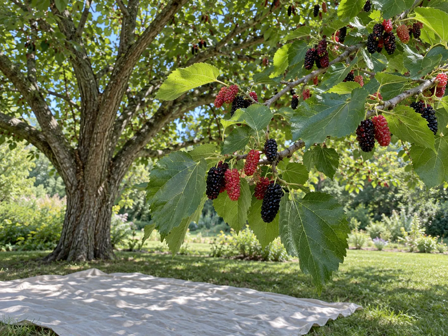 Ripe and ripening red mulberries on a leafy branch above a sheet for catching fallen fruit