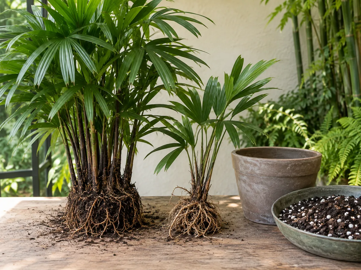 A lady palm clump and a rooted division with a pot and fresh mix ready for propagation