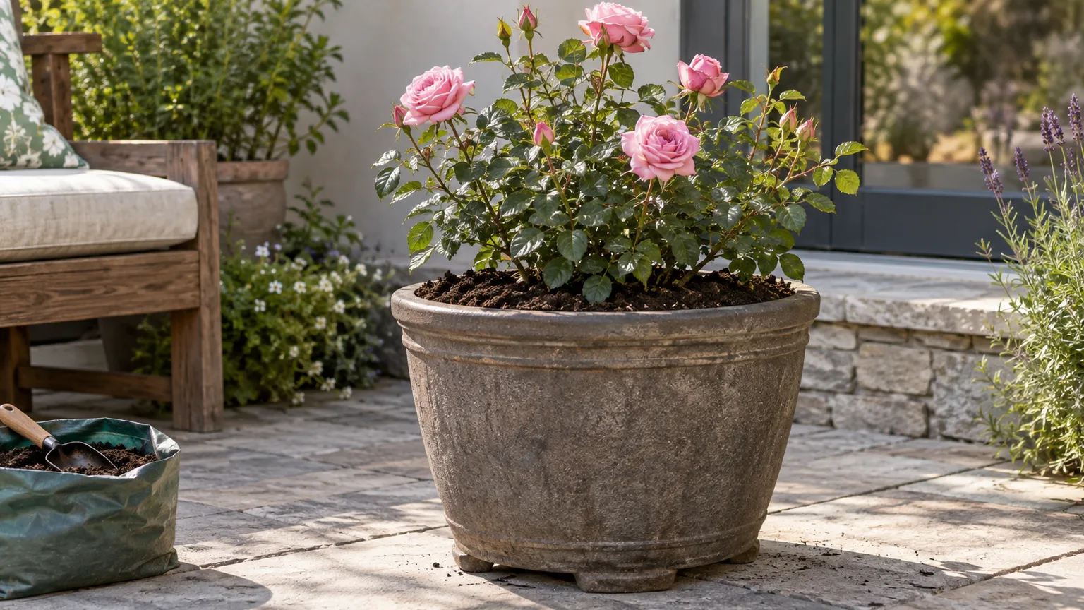 Healthy shrub rose growing in a large outdoor container on a patio