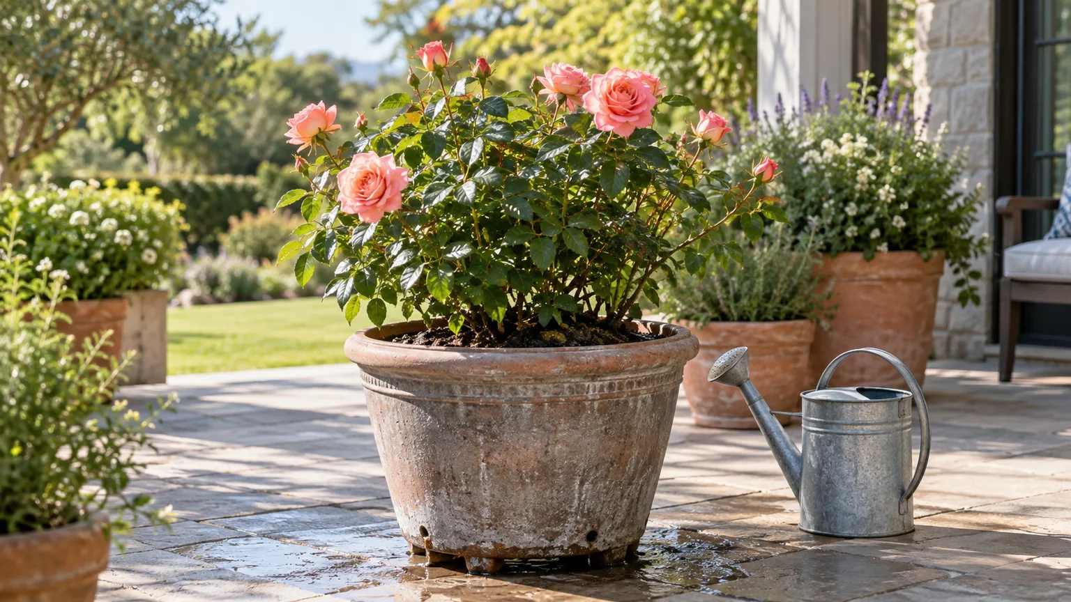 A potted rose is watered across the surface of its container mix.