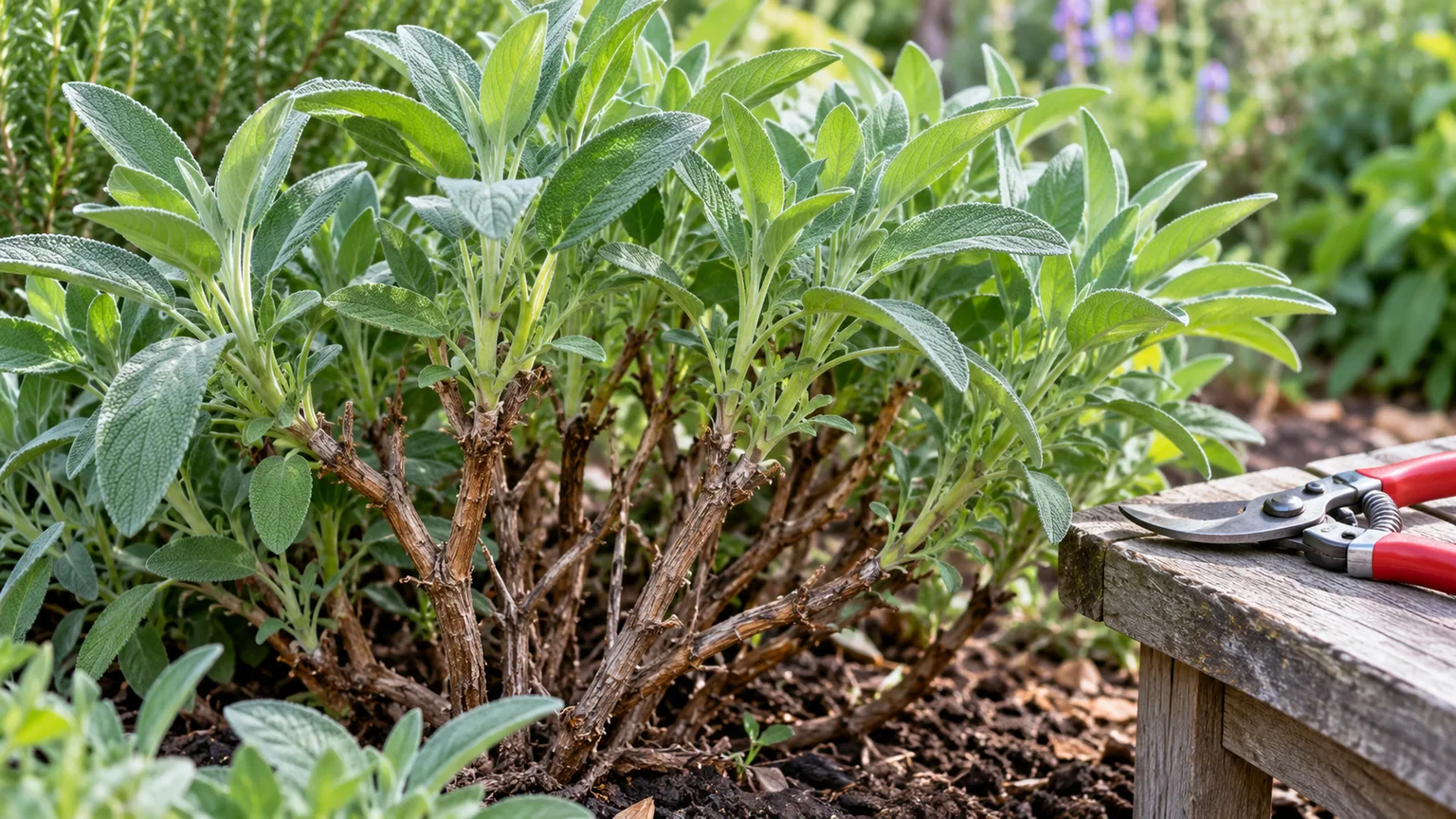 Culinary sage showing green leafy growth above the older woody stems that should not be cut back hard.