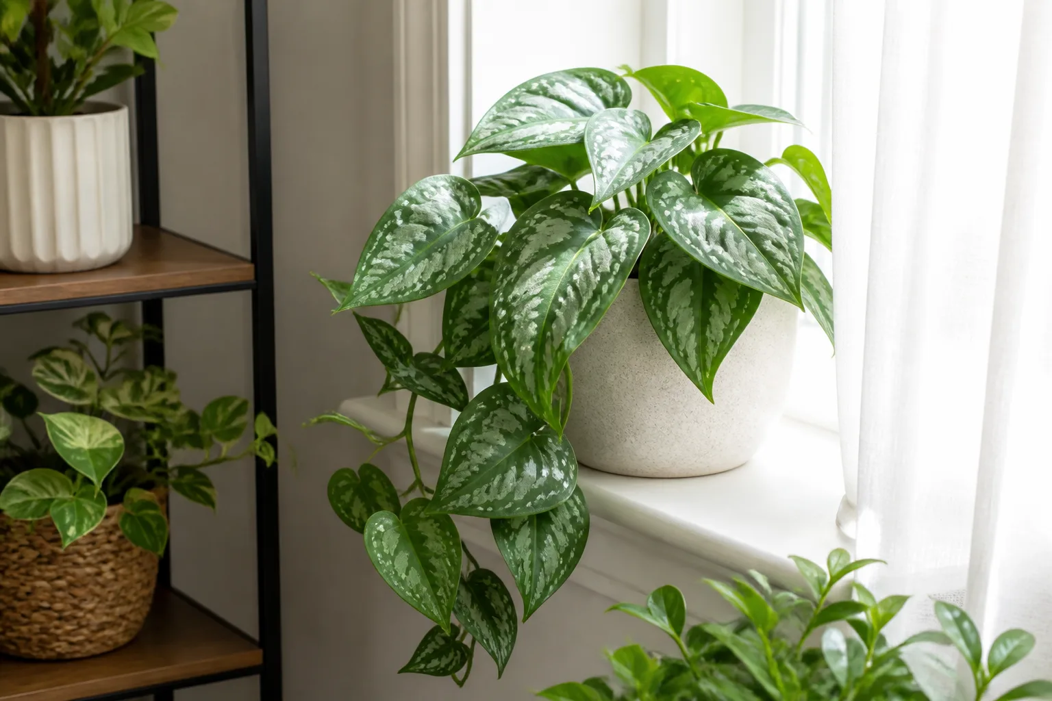 Silver-variegated satin pothos leaves in bright indirect light
