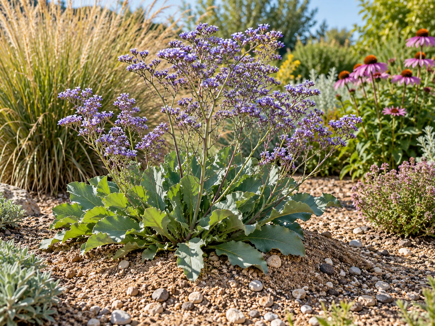 Sea lavender growing in a sunny, gritty perennial border with open spacing and well-drained soil