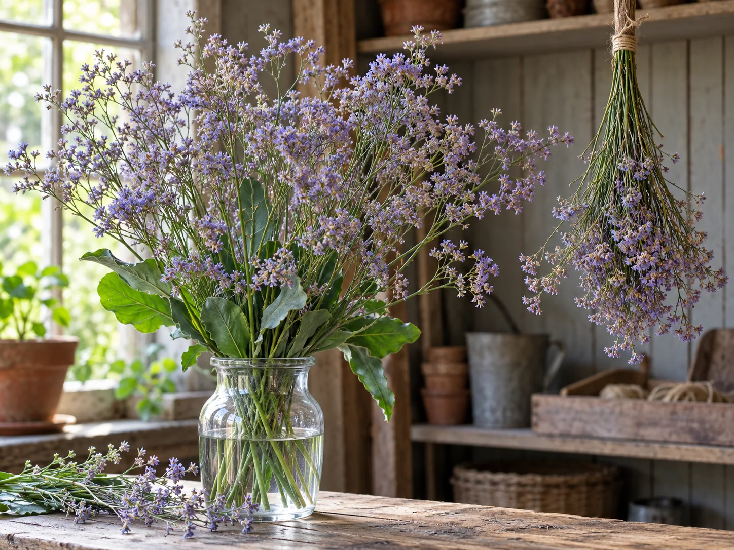 Fresh and air-dried sea lavender stems arranged to show the flower spray at harvest stage