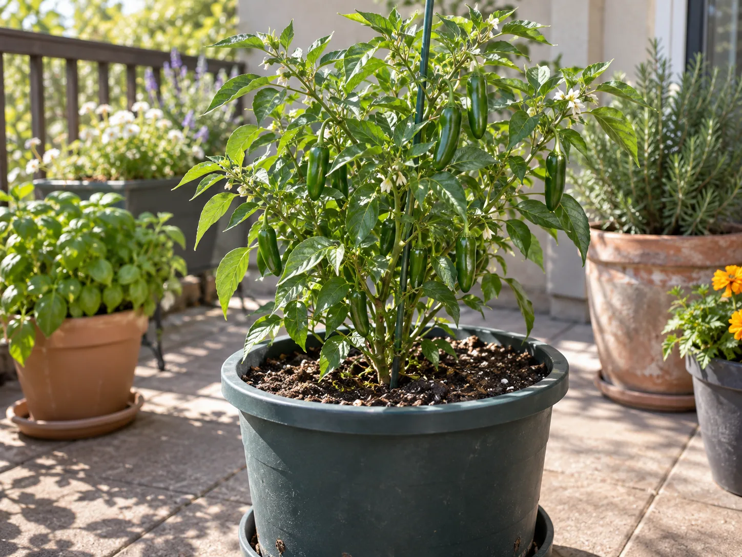 A potted Serrano pepper plant growing in a sunny patio container