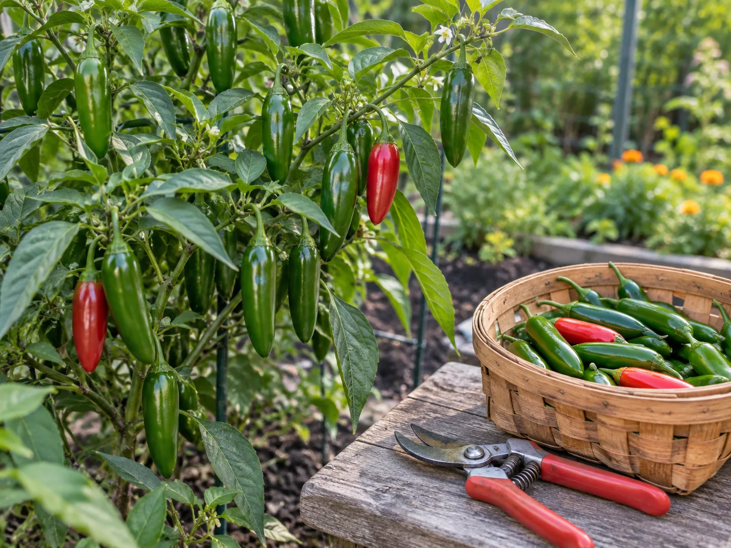 Firm green and ripe red Serrano peppers ready to harvest