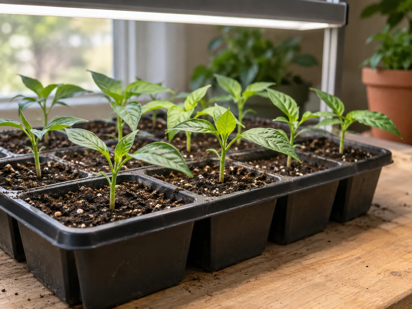 Young pepper seedlings under a grow light in a seed-starting tray