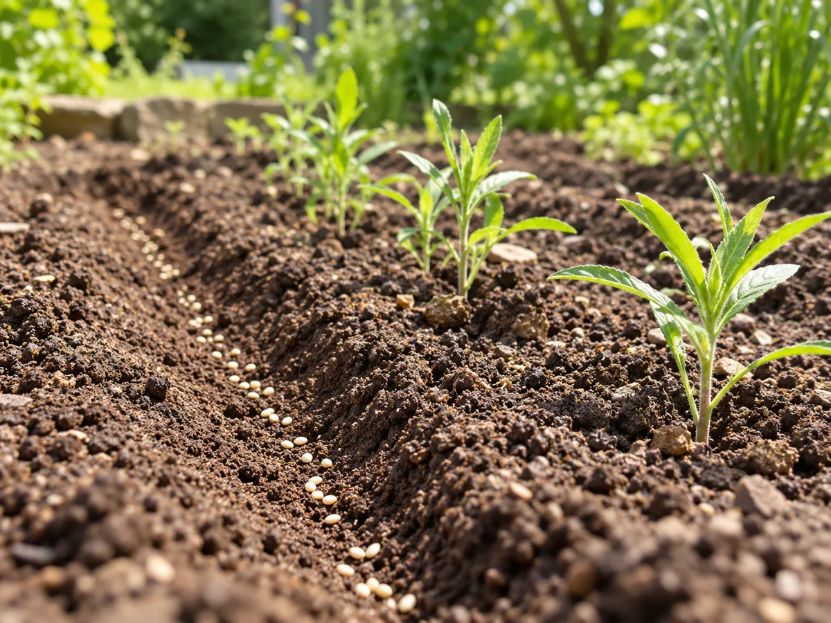 Shallowly sown sesame seed and young seedlings in a sunny, prepared garden row